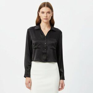 Ciebon 100% Silk Black Long Sleeve Cropped Button Up Blouse Top XS NEW